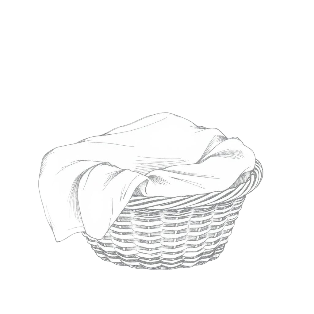 Pencil sketch of a folded baby swaddle blanket draped over a basket