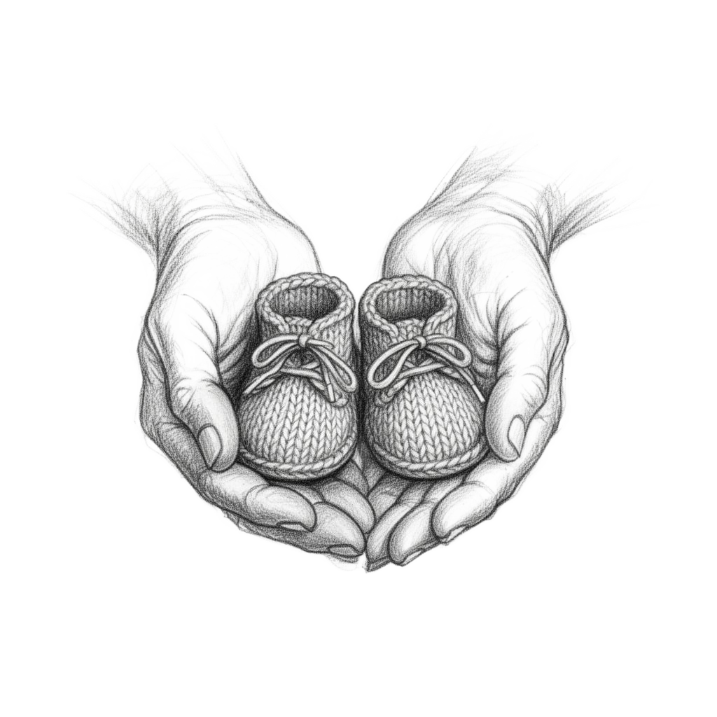 Pencil sketch of a grandmother's hands holding tiny knitted booties