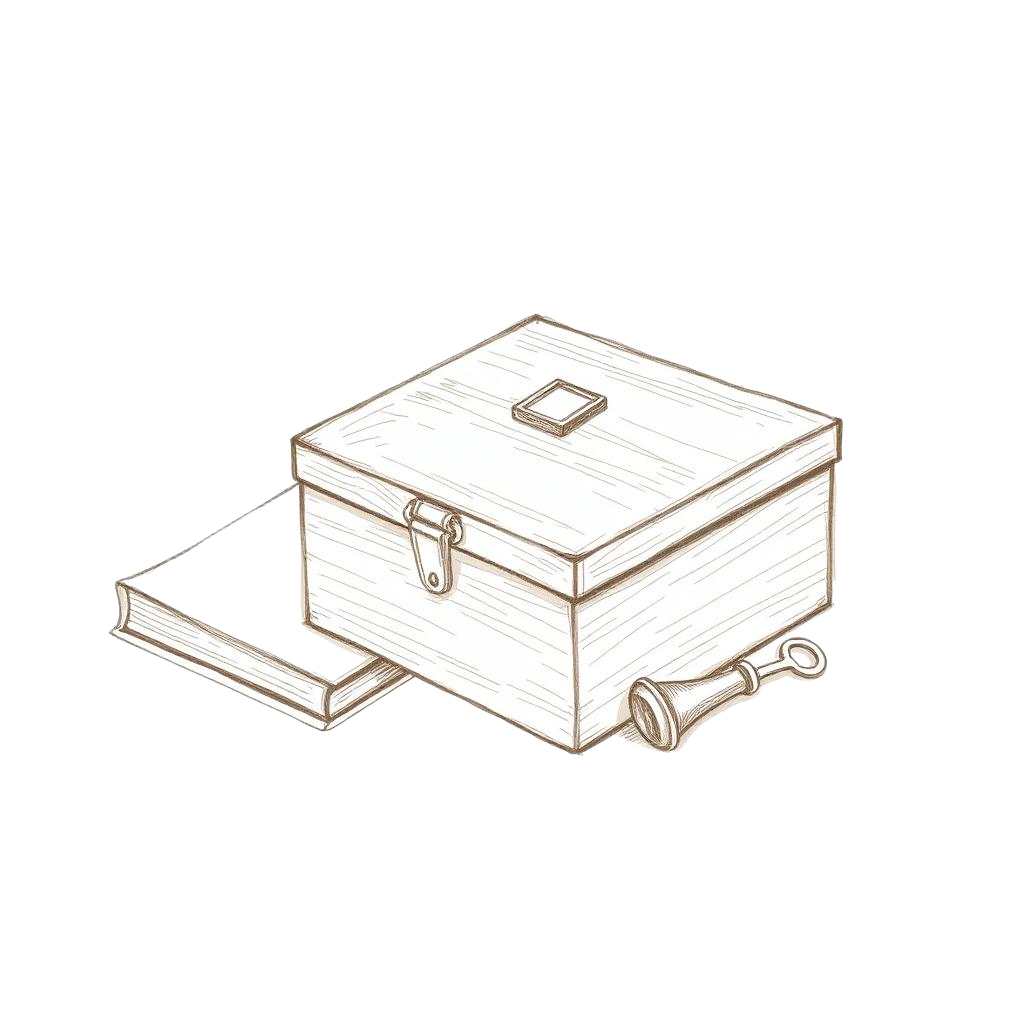 Pencil sketch of a wooden memory box, baby journal and silver rattle