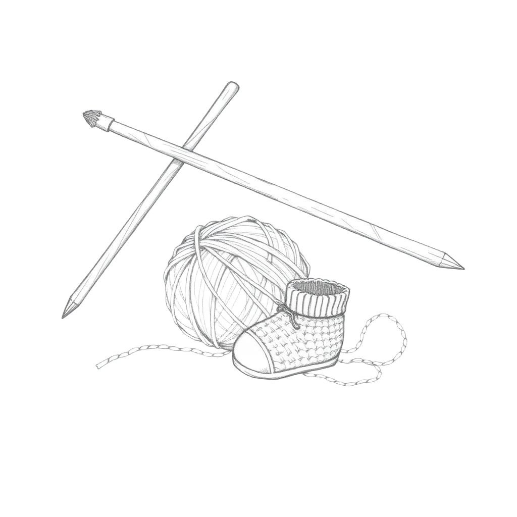 Pencil sketch of knitting needles, wool yarn and a tiny crocheted bootie