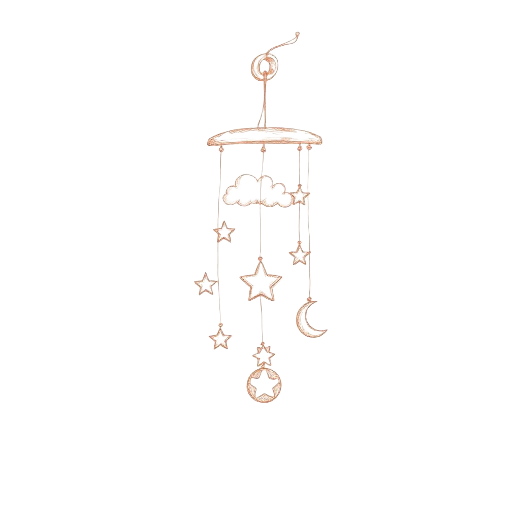 Pencil sketch of a nursery mobile with stars and moons