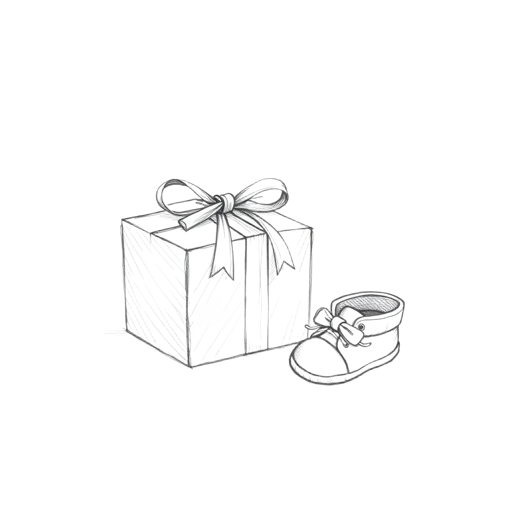 Pencil sketch of a gift box, baby booties and a rattle