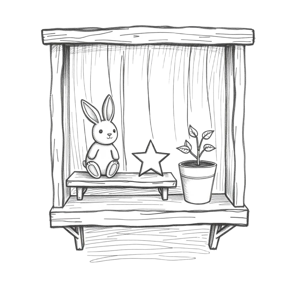Pencil sketch of a small shelf with a ceramic rabbit and star ornament